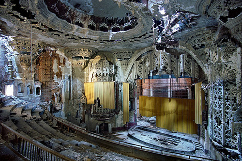 The ruined Spanish-Gothic interior of the United Artists Theater in Detroit. The cinema was built in 1928 by C. Howard Crane, and finally closed in 1974. Photo: Yves Marchand and Romain Meffre. Image: http://www.guardian.co.uk/artanddesign/gallery/2011/jan/02/photography-detroit