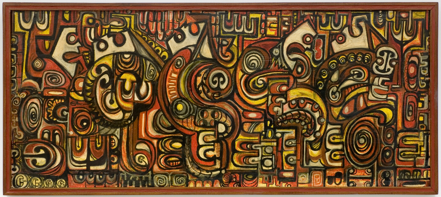 Fred Graham Whiti Te Rā c. 1966. Oil stick on board. Collection of Auckland Art Gallery Toi o Tāmaki, purchased 2008. Exhibited in Toi Whakaata/Reflections