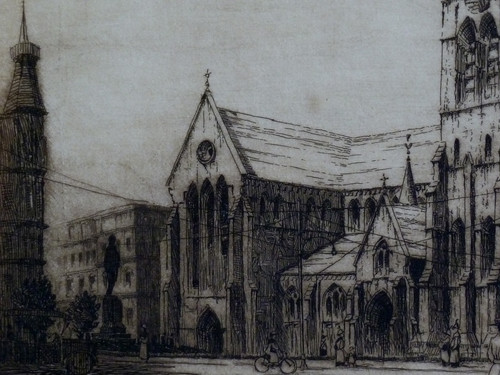 John Mills Thomasson Cathedral Square, Christchurch (detail) 1922. Etching. Collection of Christchurch Art Gallery Te Puna o Waiwhetū