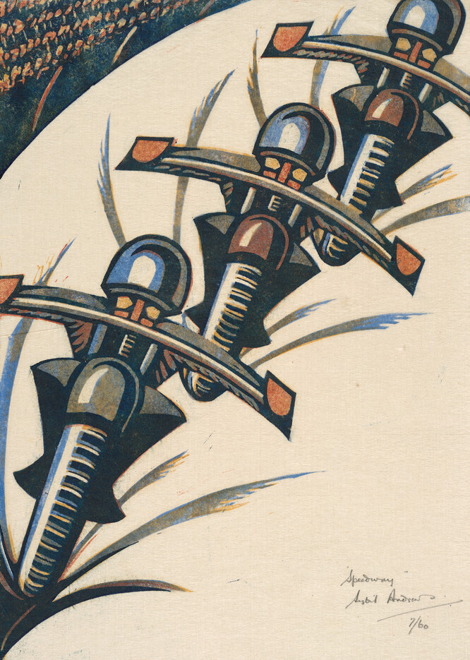 Sybil Andrews Speedway 1934. Colour linocut. Collection of the Dunedin Public Art Gallery, gift of Rex nan Kivell, 1953. © Estate of Sybil Andrews, Glenbow, Calgary, Alberta