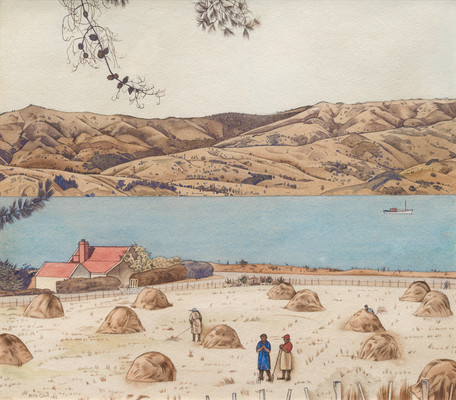 Rita Angus Haycocks Wainui 1943. Watercolour. Collection of Christchurch Art Gallery Te Puna o Waiwhetū, purchased 2013