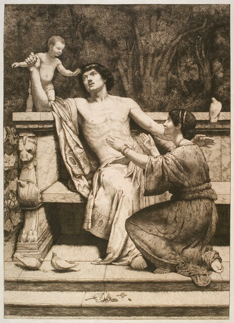 Untitled (Man on stone seat, woman kneeling, and child)