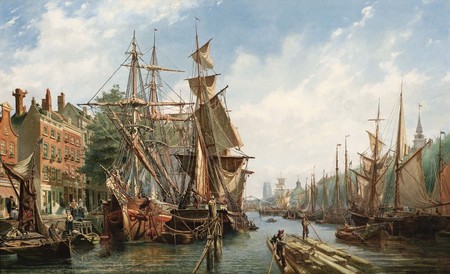 Petrus van der Velden The Leuvehaven, Rotterdam 1867. Oil on canvas. Collection of Christchurch Art Gallery Te Puna o Waiwhetū, purchased with assistance from Gabrielle Tasman in memory of Adriaan and the Olive Stirrat bequest. Purchase supported by Christchurch City Council’s Challenge Grant to Christchurch Art Gallery Trust, 2010 