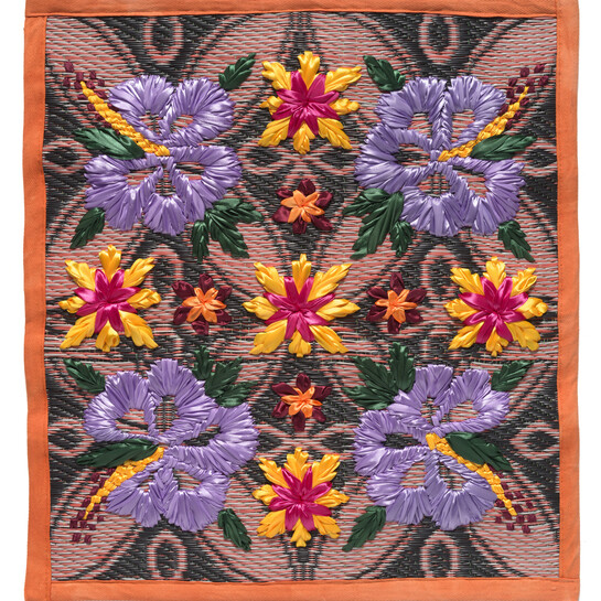 Serene Hodgman Little Star 2022. Trim, silk ribbon, commercial woven plastic mat. Courtesy of the artist and Masterworks Gallery