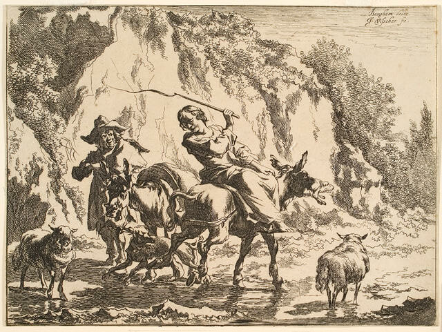 Man, Woman With Stick With Animals In Rocky Landscape