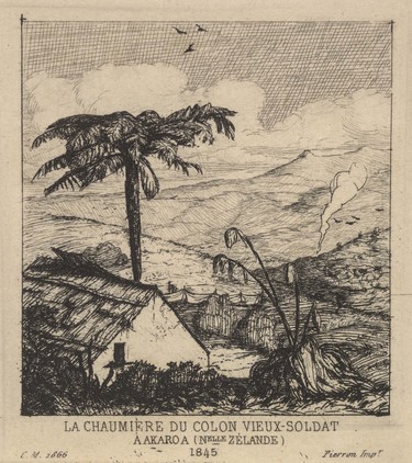 Charles Meryon La Chaumière du Colon Vieux-Soldat Akaroa 1845 1866. Etching. Collection of Canterbury Museum