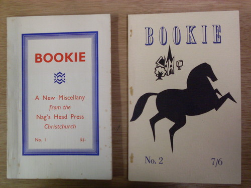 Bookie Nos. 1 and 2 'The Cultural Miscellany for Passionate Punters', printed by Bob Gormack at the Nag's Head Press. Robert and Barbara Stewart Library and Archives, Christchurch Art Gallery Te Puna o Waiwhetū, Peter Dunbar Caxton Press Collection, purchased with assistance from the Dunbar Family and the J L Hay Charitable Trust
