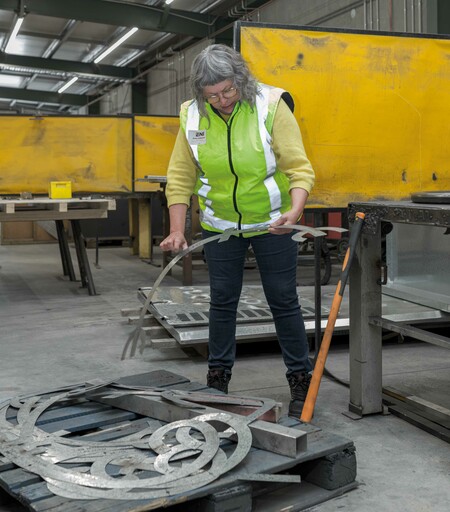 Areta Wilkinson during construction of Te Mauri o te Puna, 2025