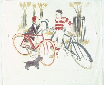 Kay Anderson Boys with Bicycles. Lithograph. Collection of Christchurch Art Gallery Te Puna o Waiwhetū, presented by Mr Rex Nan Kivell, 1953. Please contact us if you can help identify the copyright holder of this work.