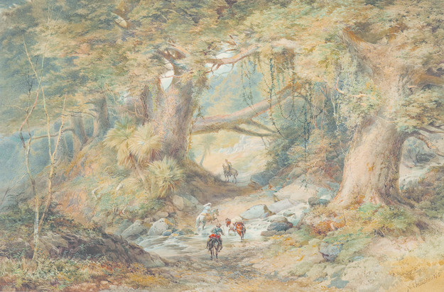 Nicholas Chevalier Crossing the Teremakau River 1876. Watercolour. Collection of Te Papa Tongarewa, gift of Caroline Chevalier, the artist’s widow, England, 1919