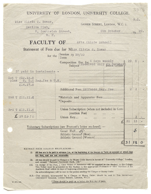 Statement of fees due, University of London, Faculty of Arts, Slade School, 8 October 1929. Folder 6c, Olivia Spencer Bower Archive, Robert and Barbara Stewart Library and Archive, Christchurch Art Gallery Te Puna o Waiwhetū  