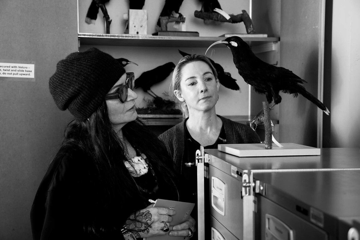 Fiona Pardington in the manu collection store at Te Papa Tongarewa. Photo: Maarten Holl. Image courtesy of Te Papa Tongarewa
