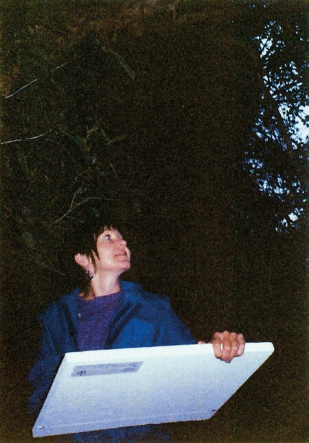 Denise Copland in the Podocarp Loop at Trotters George, Otago, undertaking the initial sketches and written notations for the Indigenous Suite of etchings, 1989