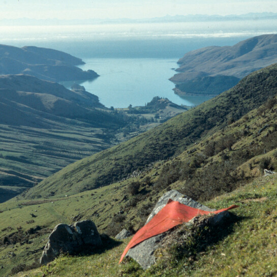 Pauline Rhodes Land Extensums, Banks Peninsula March 1989. Print from 35mm slide. Collection of the artist