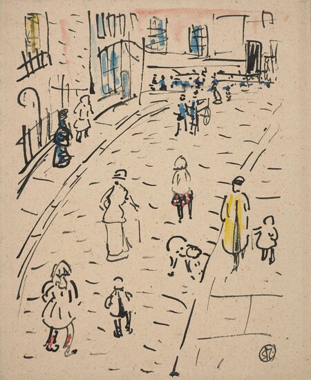 Raymond McIntyre Street Scene with Figures c. 1917. Ink and watercolour on paper. Collection of Museum of New Zealand Te Papa Tongarewa, gift of the estate of C. Millan Thompson to mark the occasion of the retirement of the director, S. B. Maclennan, 1968.