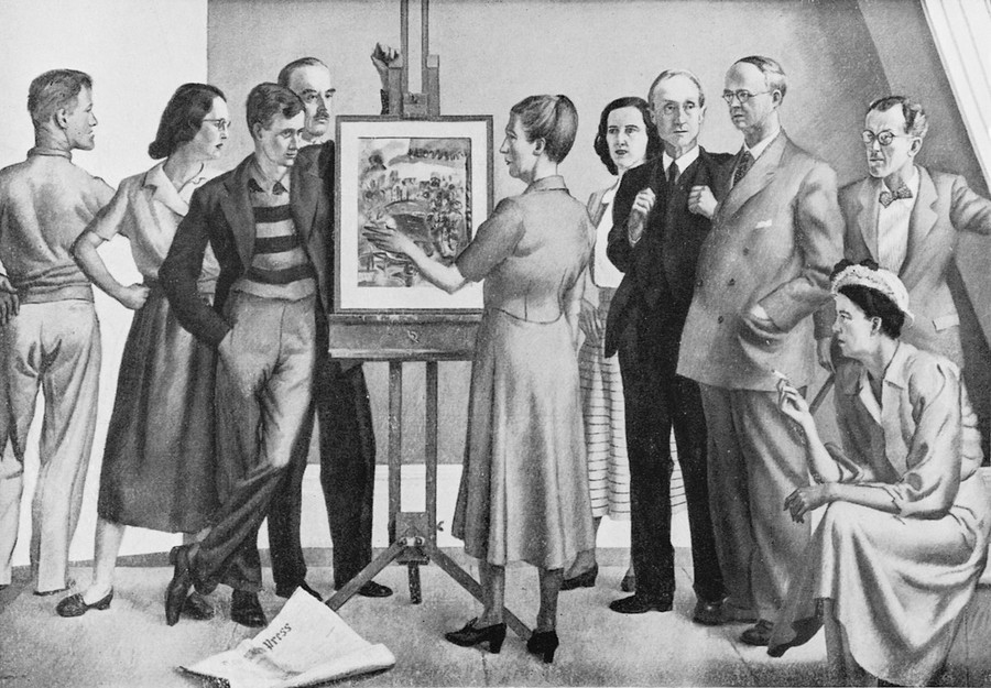 W.A. Sutton Homage to Frances Hodgkins 1951. Destroyed. Artist Bill Sutton, then a young lecturer at the art school, registered his protest at the rejection of Pleasure Garden by painting a large composite portrait of Hodgkins's supporters grouped around the work. It was an imaginary meeting; and likely to have been based on Henri Fantin-Latour's A Studio in the Batignolles (Homage to Manet) (1870), now in the collection of the Musée d'Orsay in Paris. At the centre of the image is Hodgkins and a young Colin McCahon. In the foreground, a discarded copy of The Press lies crumpled on the floor. Sutton's painting was damaged beyond repair a few years after it was painted, but photographs of the work remain.