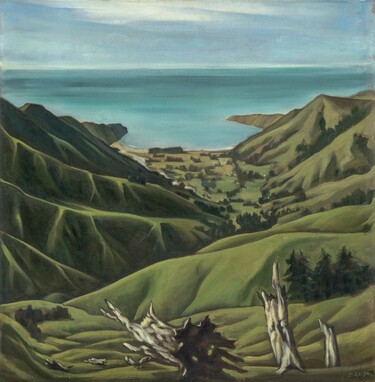 Doris Lusk Okains Bay, Banks Peninsula 1949. Oil on canvas board. Collection of Christchurch Art Gallery Te Puna o Waiwhetū, bequest of John Cleaver, 2013. Reproduced courtesy of the Doris Lusk Foundation