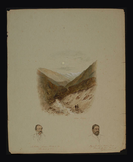 Left to right Sir William Jervois GCMB, CB Governor of NZ Otira Gorge Major Te Wheoro, native chief. member of the NZ House of Representatives