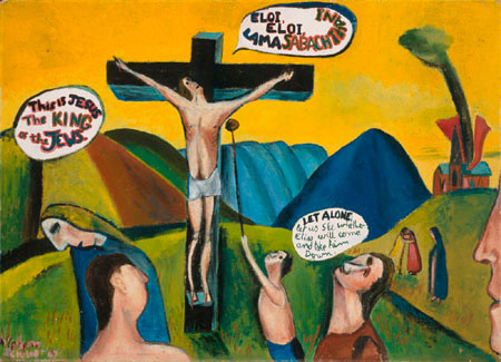 Colin McCahon Crucifixion according to St Mark 1947 Oil on canvas on board. Presented by Colin McCahon on the death of Ron O'Reilly, 1982. Reproduced courtesy of Colin McCahon Research and Publication Trust