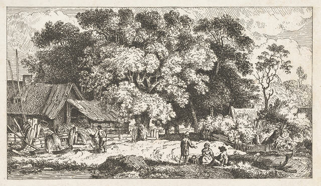 Figures,cottage, and Wooded Landscape