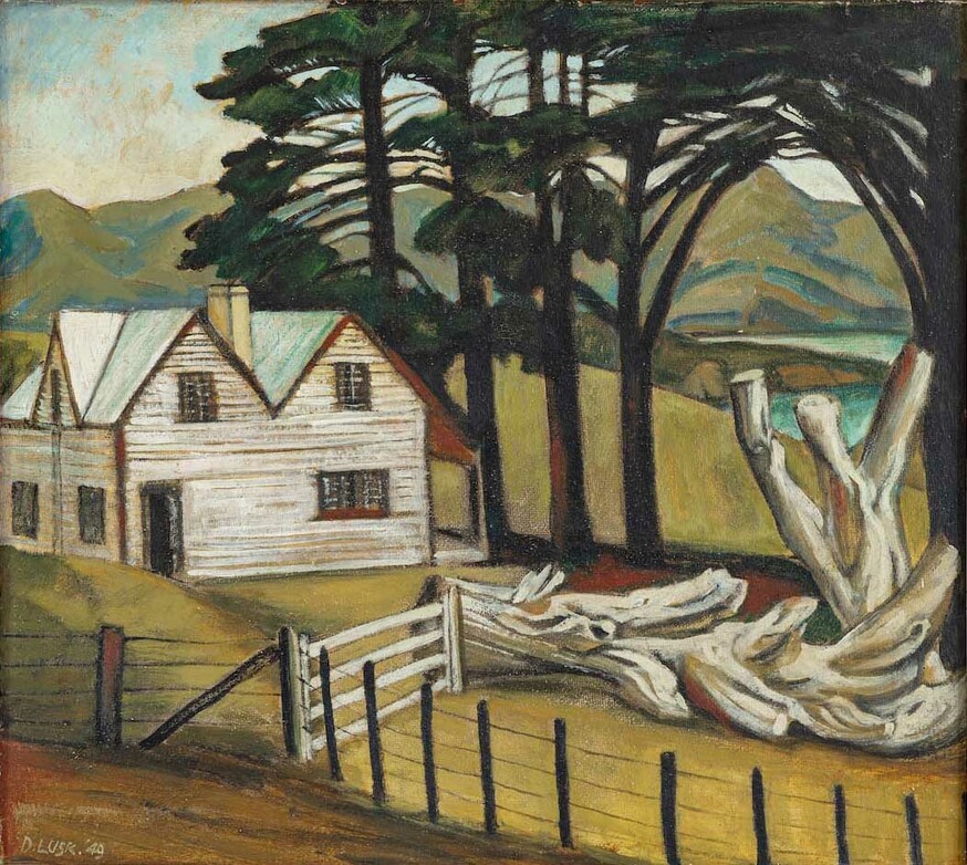 Doris Lusk The Old House, Duvauchelle 1949. Oil on gesso on textured board. Private collection. Reproduced courtesy of the Doris Lusk Foundation