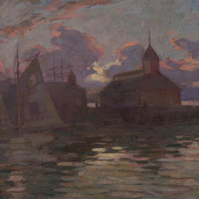 Archibald Nicoll Twilight Auckland Waterfront 1909. Oil on canvas board. Collection of Christchurch Art Gallery Te Puna o Waiwhetū, purchased 1984