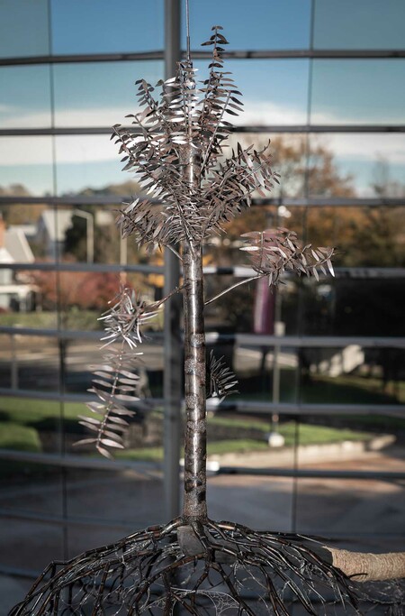 Shona Rapira Davies Ko te Kihikihi Taku Ingoa (detail) 2022. Pōhutukawa, steel wire, stainless steel bolts, plywood, graphite, harakeke. Courtesy of the artist