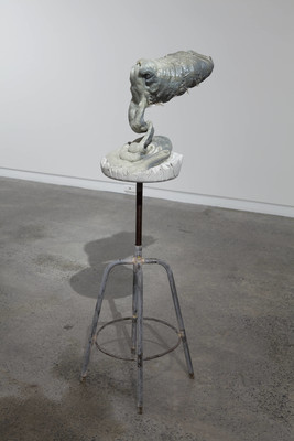 Julia Morison Curious thing 2011. Melted shopping bags, stool, cement, silt. Courtesy of the artist and Two Rooms, Auckland