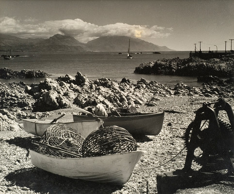 Rudolf Gopas Craypots and boats near old wharf, Kaikoura. Black and white photograph. Collection of Christchurch Art Gallery Te Puna o Waiwhetū, presented to the Gallery by Airini Gopas 1986. Reproduced with permission