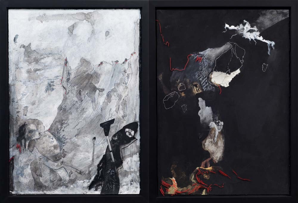 Edwards + Johann On the Seam of Things – Days and Knights 3 and 4 2013. Painting and drawing on glass over mixed media work on paper, unique diptych. Courtesy of the artists and Nadene Milne Gallery