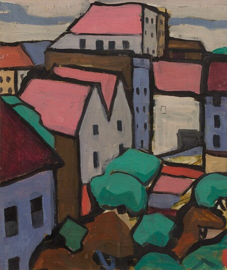  Edith Collier Buildings, Leinster Square c. 1918. Oil on canvas. Collection of the Edith Collier Trust, in the permanent care of Te Whare o Rehua Sarjeant Gallery