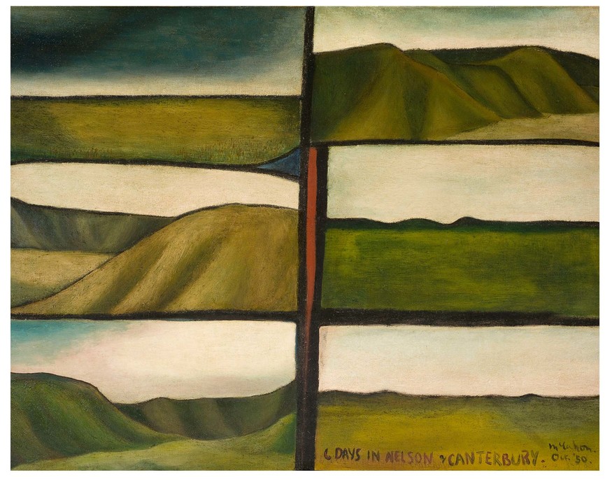 Colin McCahon Six days in Nelson and Canterbury 1950. Oil on canvas on board. Auckland Art Gallery Toi o Tāmaki, gift of Colin McCahon through the Friends of the Auckland Art Gallery, 1978