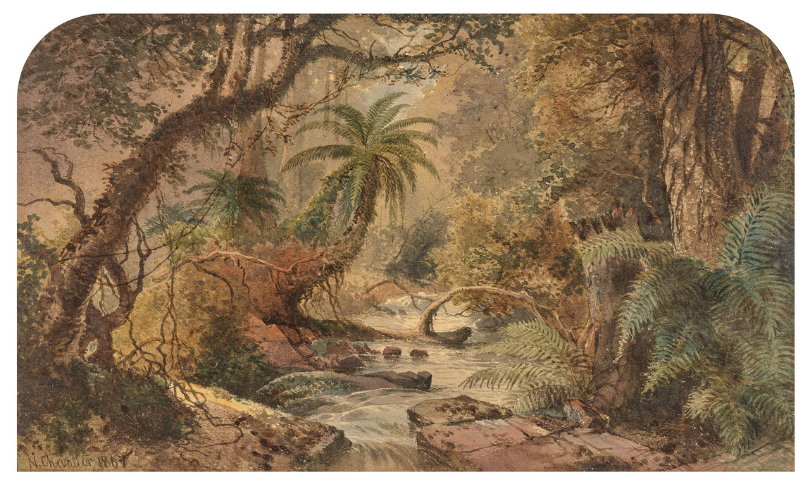 Nicholas Chevalier Pigeon Bay Creek, Banks Peninsula, N.Z. 1867. Watercolour. Collection of Christchurch Art Gallery Te Puna o Waiwhetū, purchased 2006