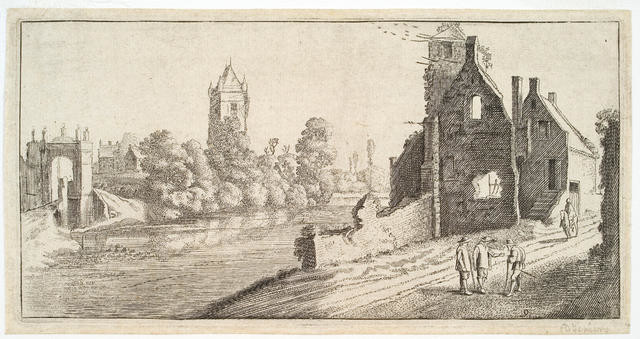 Figures in a river landscape with ruins