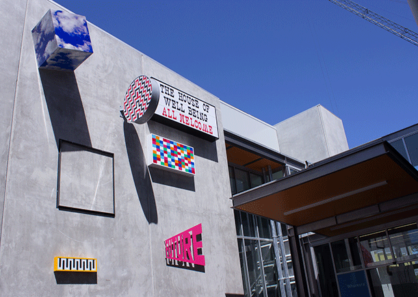 Wayne Youle, The House of Wellbeing ALL WELCOME, installation photo showing work in progress, 2016, CPIT Aoraki, Christchurch